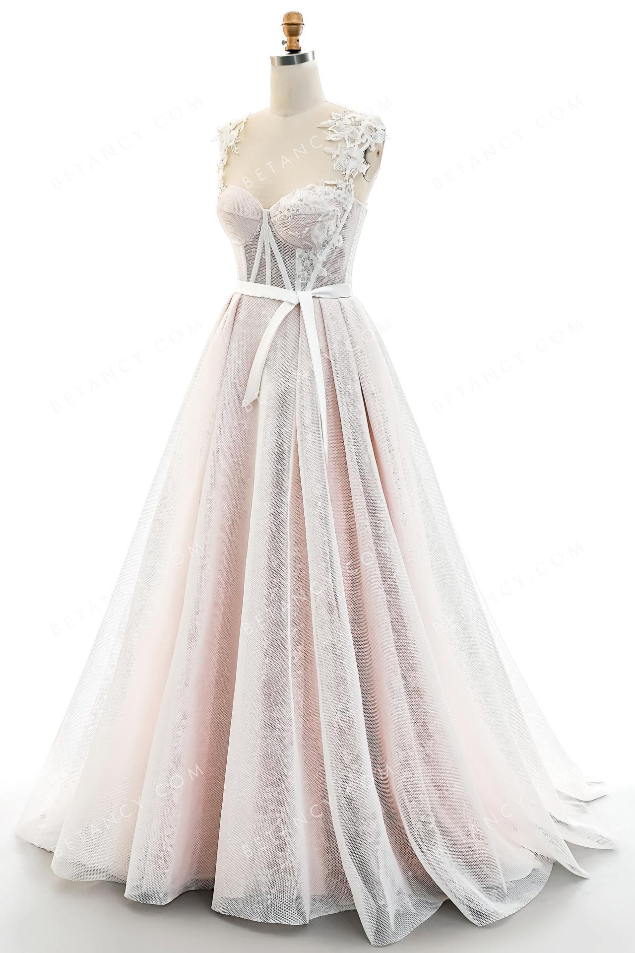 Ethereal floral appliqued sweetheart pink tulle wedding dress 8 1 
