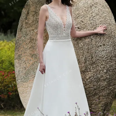 Feminine v neckline lace and crepe designer wedding dress 2 1
