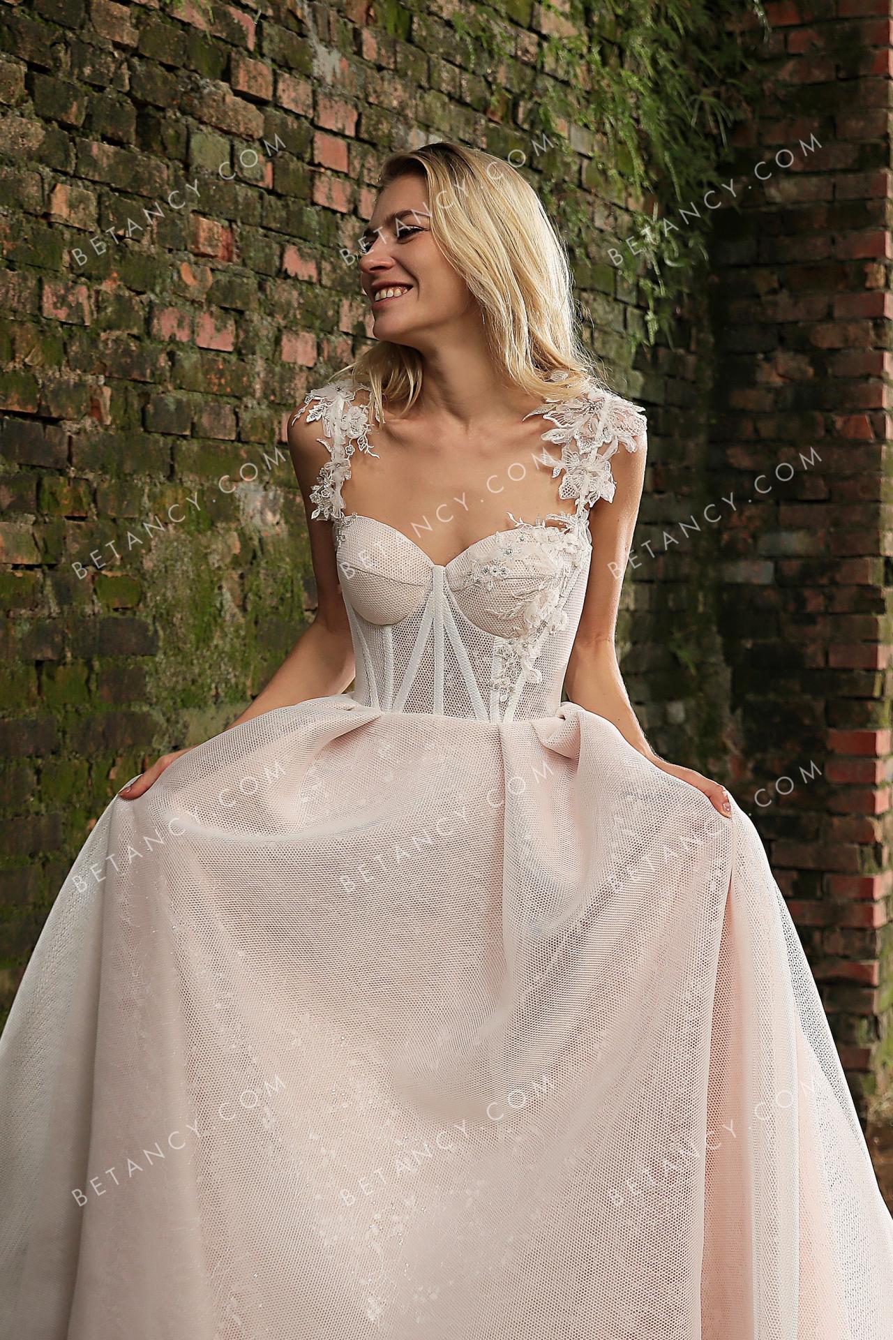 Floral appliqued sweetheart corset pink wedding dress 3