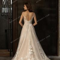 Floral lace bodice with illusion straps ruffled chapel train wedding dress 3