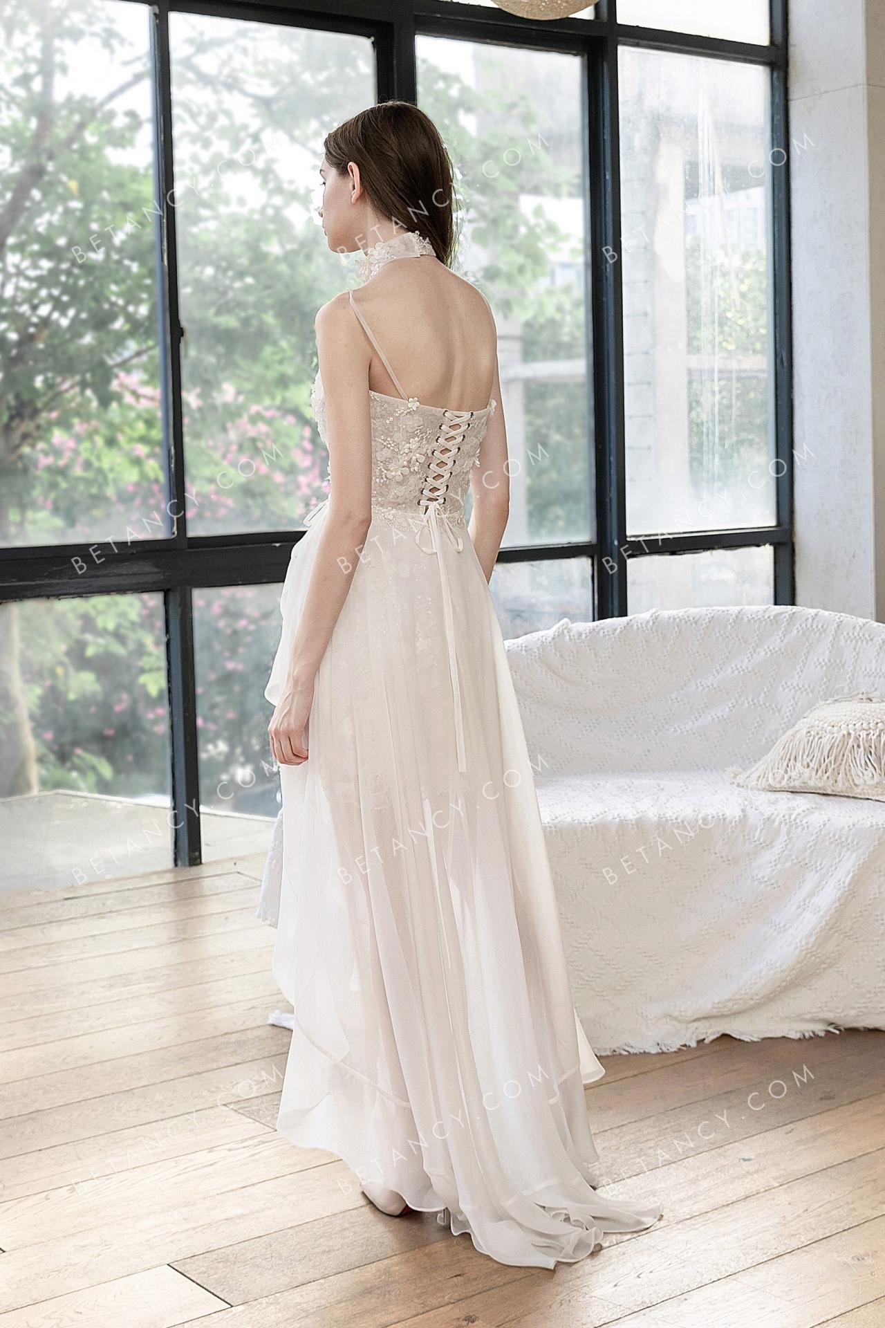 Flowers top with lace up back chiffon overskirt wedding dress 3