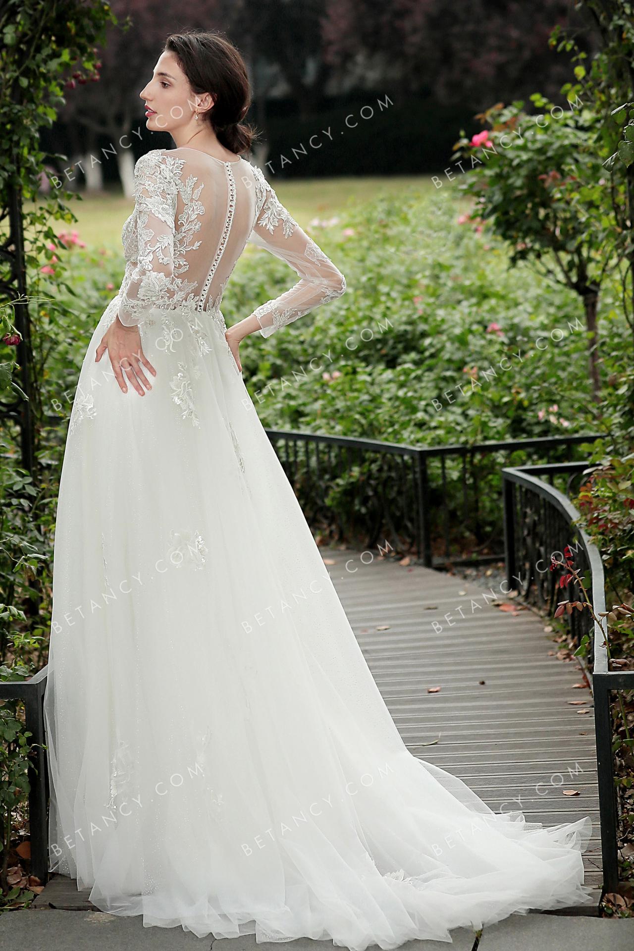 Glamorous sequin lace and tulle a line wedding dress 3