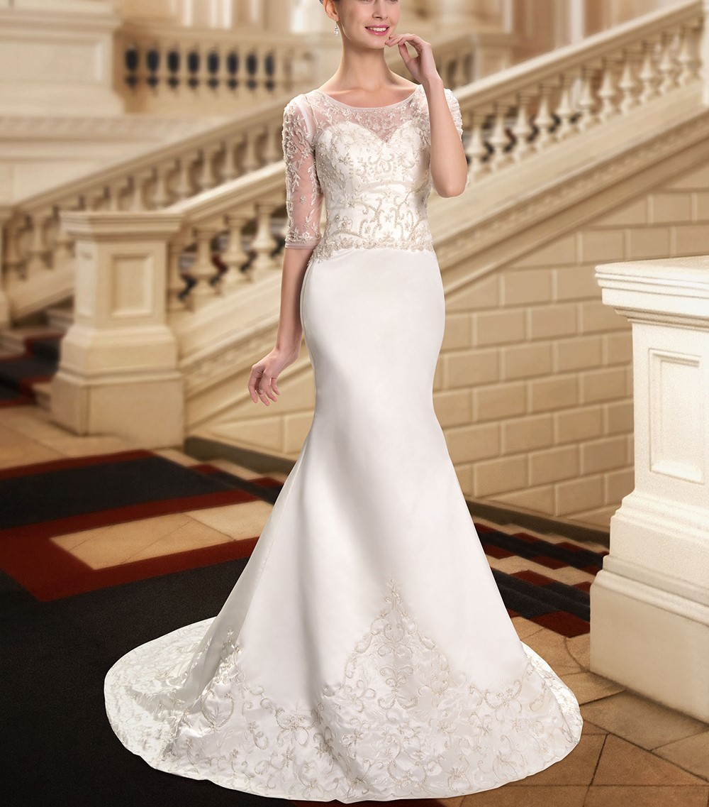 Gracieux robes de mariee sirene robes de mariee 2016 scoop cou exquiste perle brode moitie manches