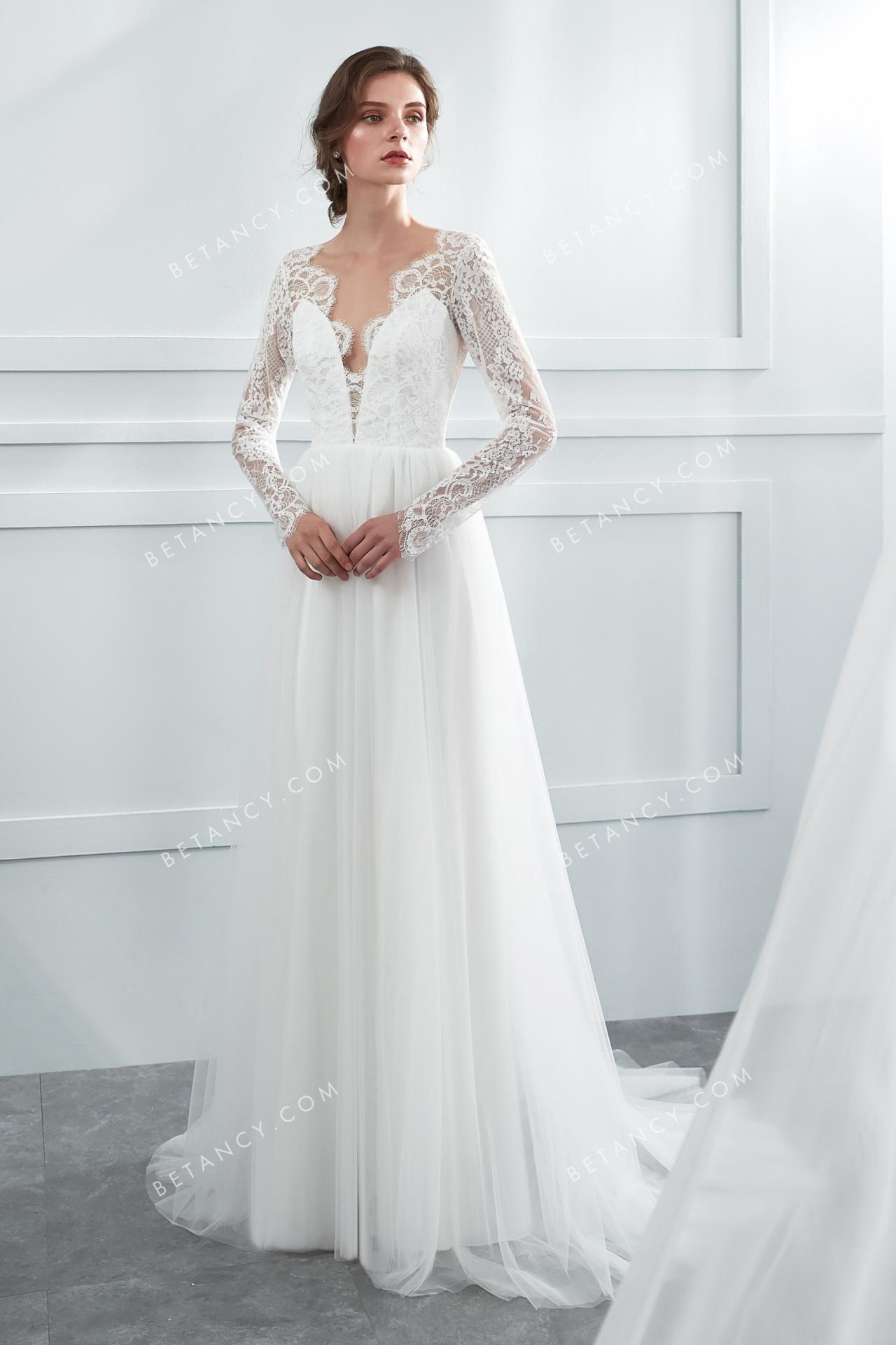 Handmade light ivory long sleeve a line wholesale wedding dress 2