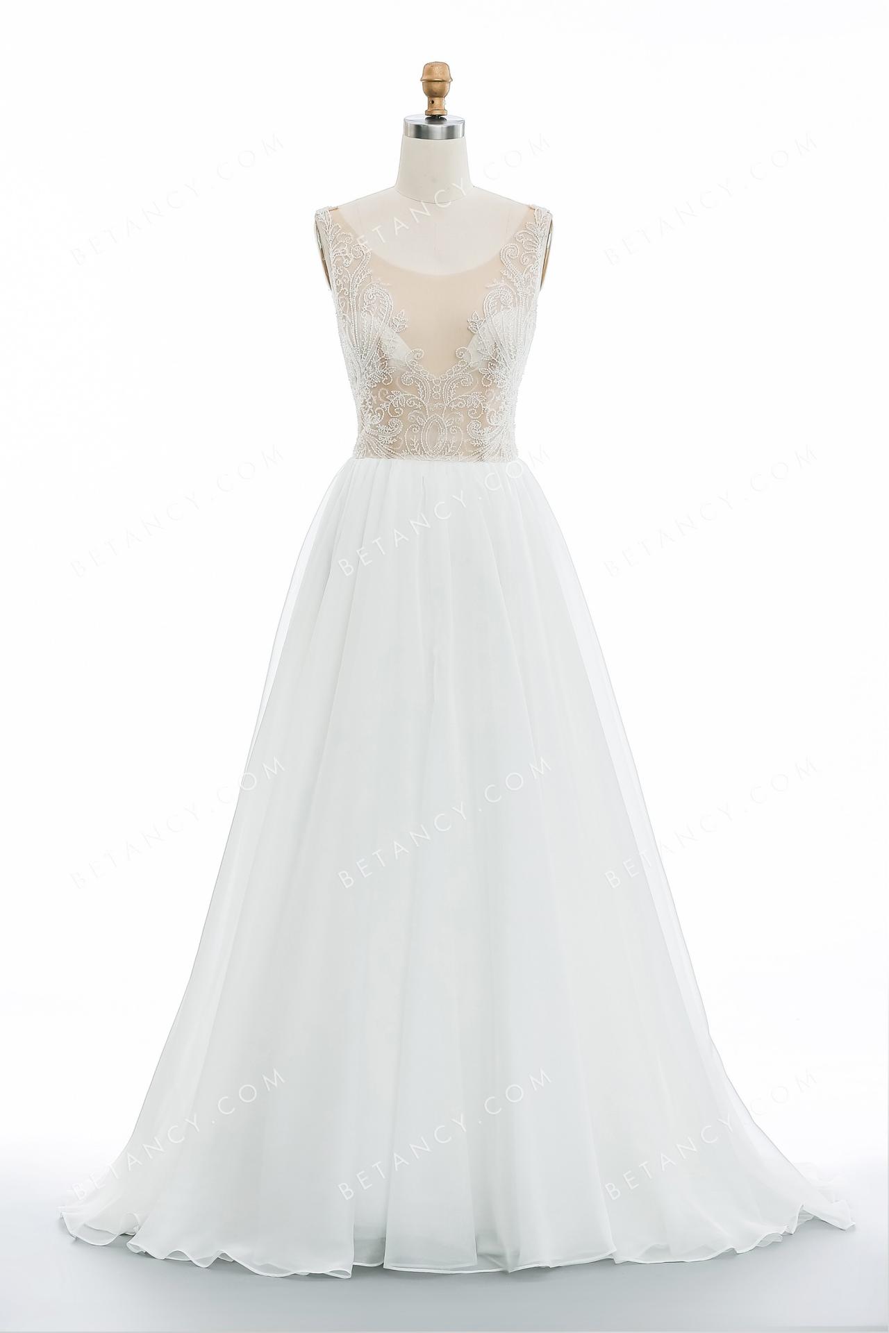 Illusion beaded lace and organza dreamy wedding gown for wholesale 6