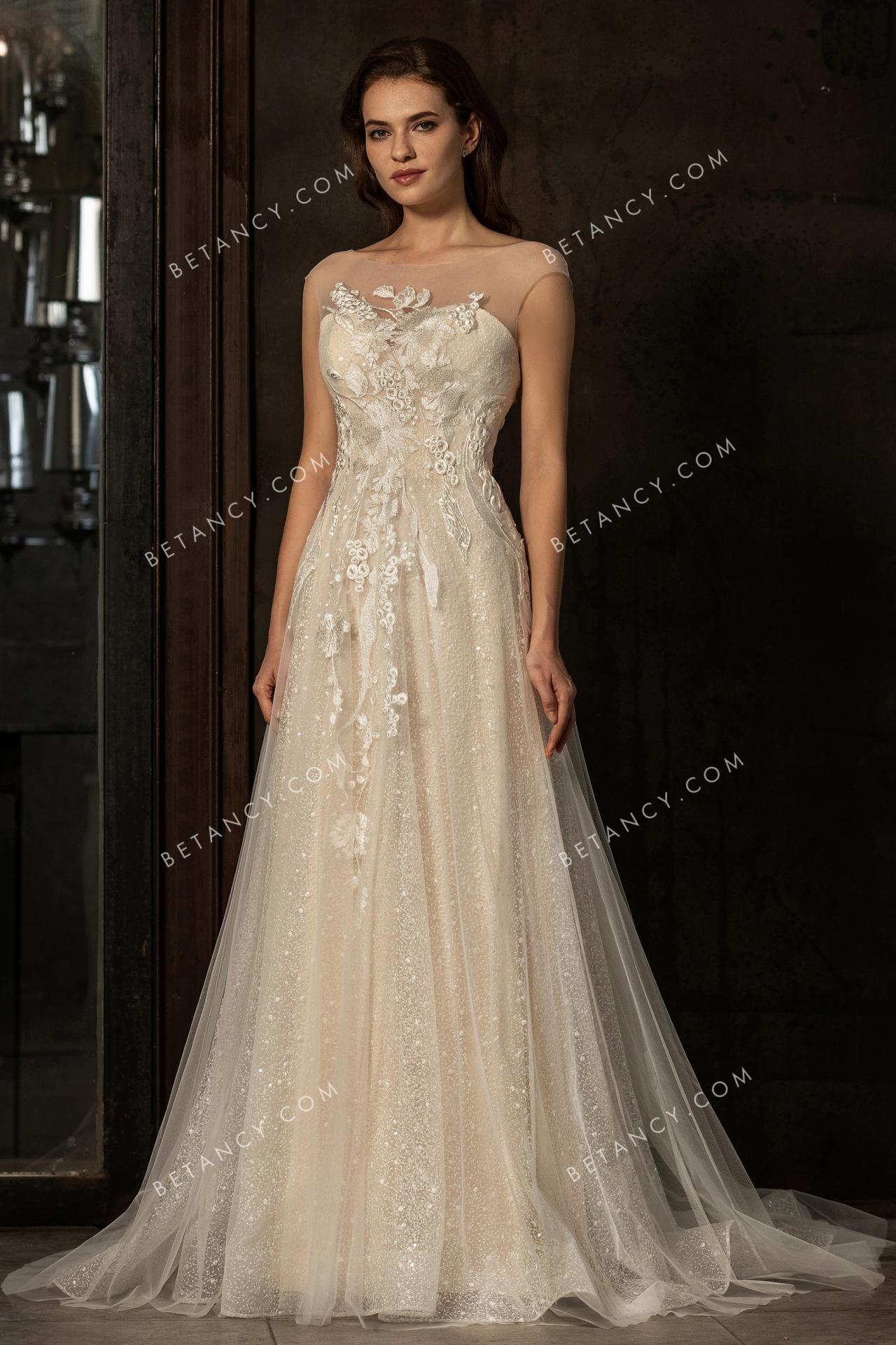 Illusion cap sleeve sequinned lace tulle wedding gown 1