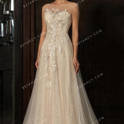 Illusion cap sleeve sequinned lace tulle wedding gown 1