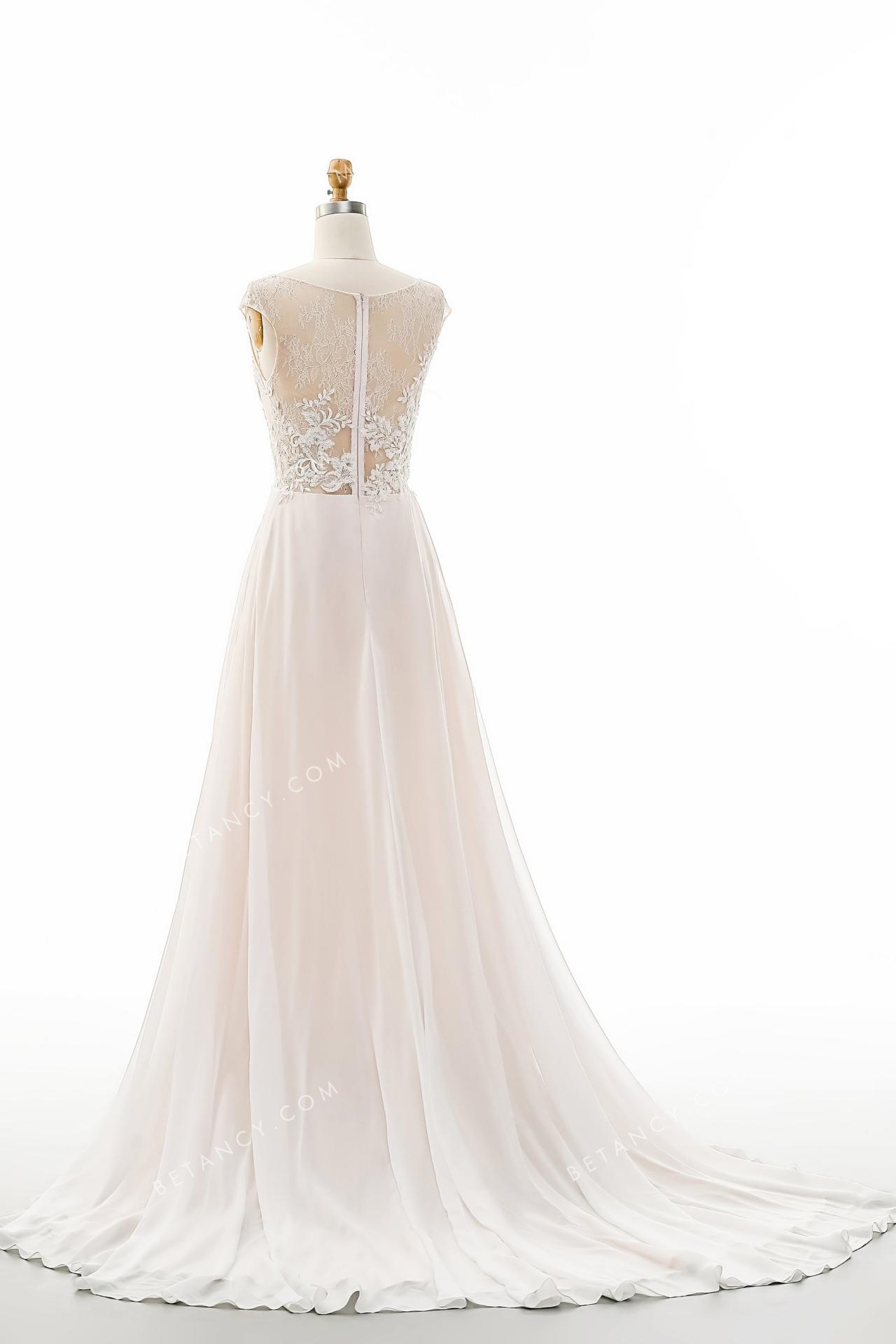 Illusion cap sleeve wedding dress with intricate fusion of soft lace and beaded floral appliques 6