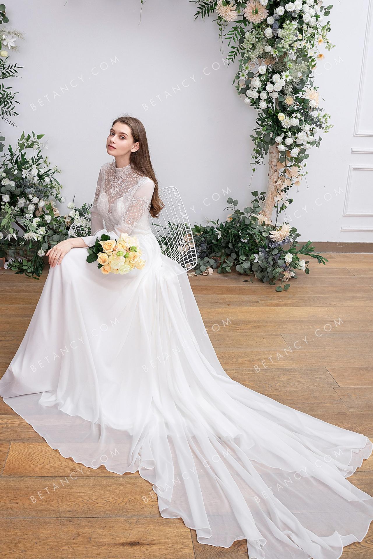Illusion high neck long bell sleeve boho bridal dress 1