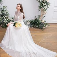 Illusion high neck long bell sleeve boho bridal dress 1