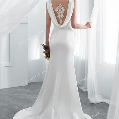Illusion lace cowl back acetate satin wedding dress 1