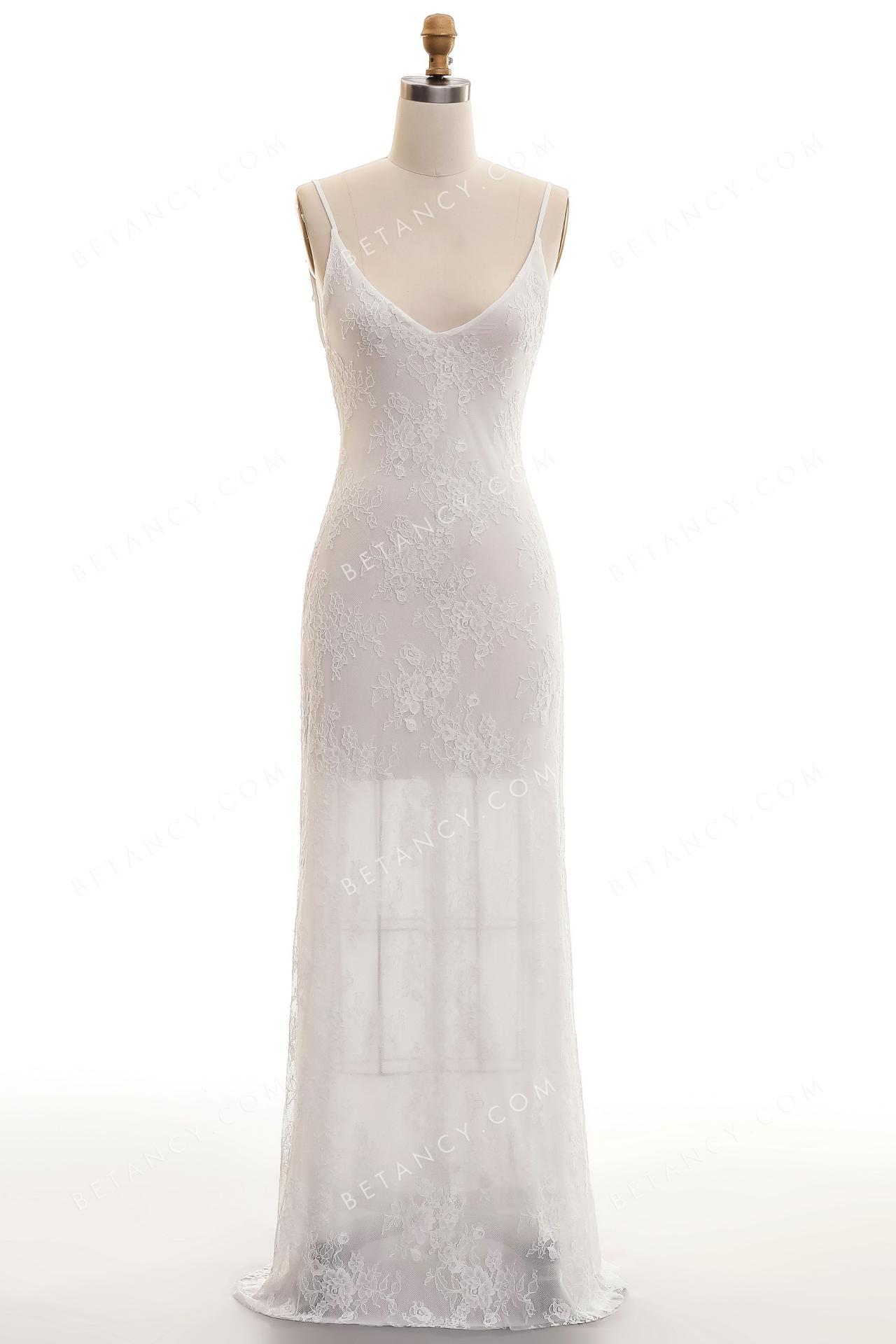 Illusion lace v neck sheath wedding dress 4