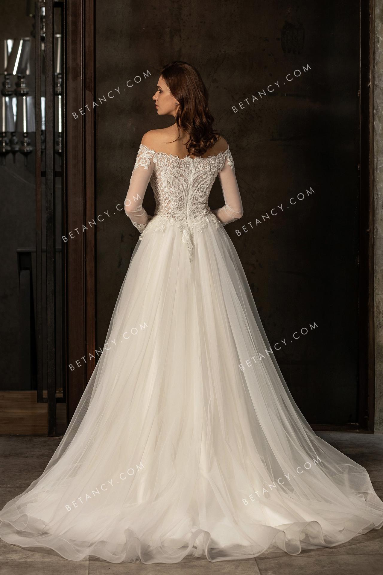 Illusion long sleeve off the shoulder lace and tulle wedding dress 3