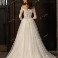 Illusion long sleeve off the shoulder lace and tulle wedding dress 3