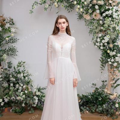 Illusion neck bell sleeve bridal dress 2