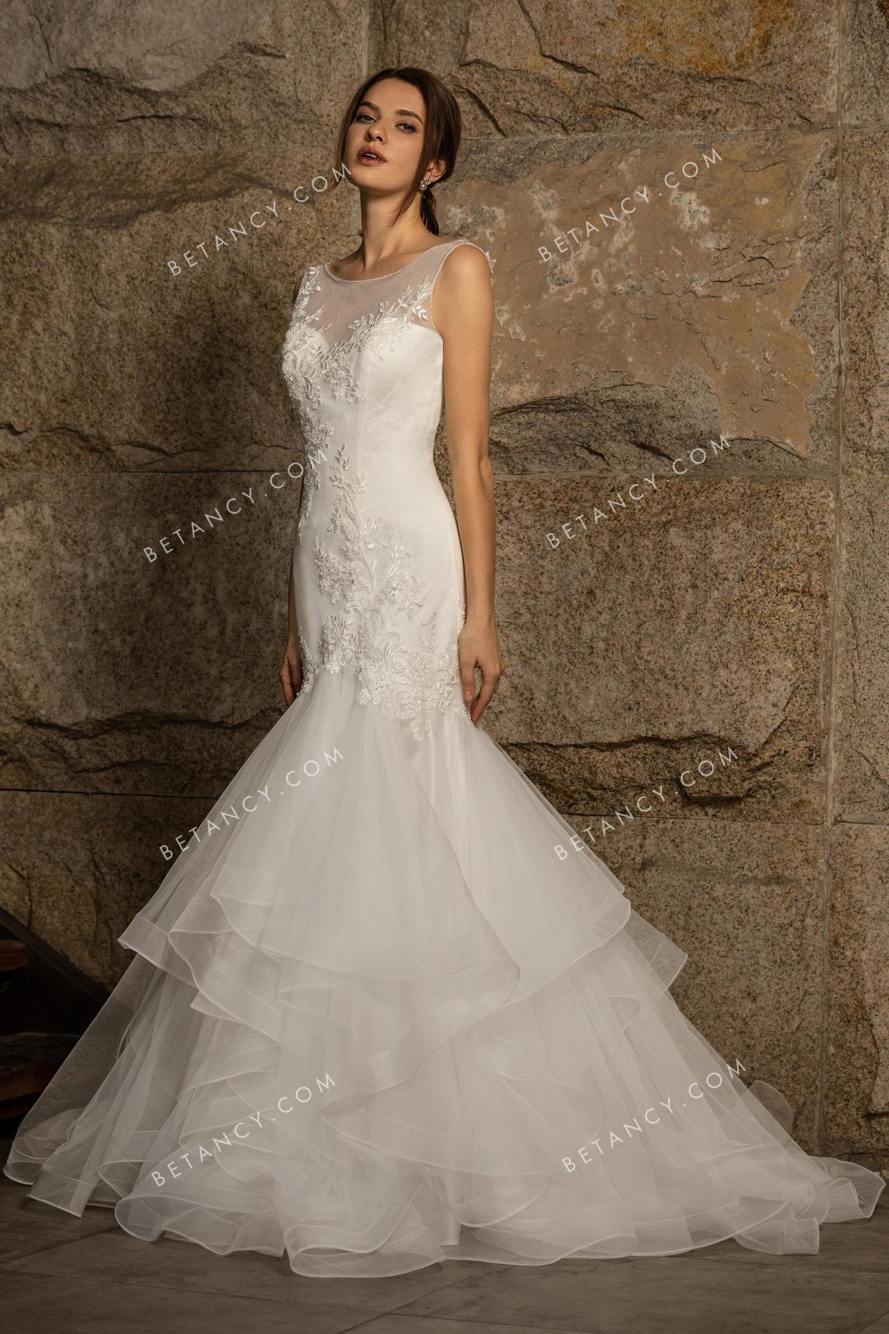 Illusion neck top with floral beaded applique bridal gown 2
