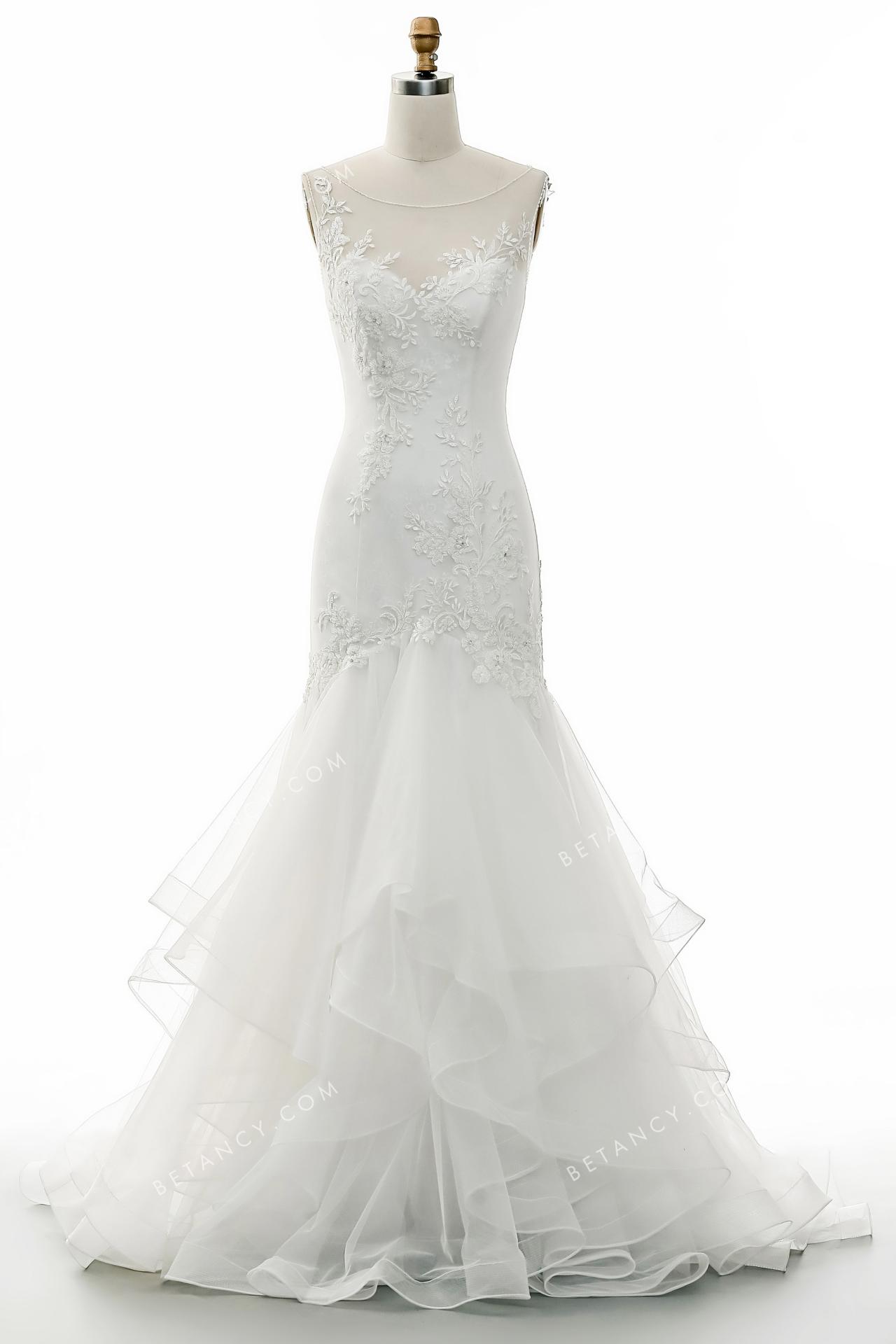 Illusion neck with floral beaded applique wedding dress 4