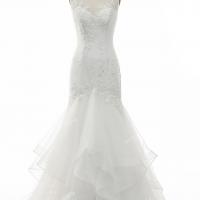 Illusion neck with floral beaded applique wedding dress 4