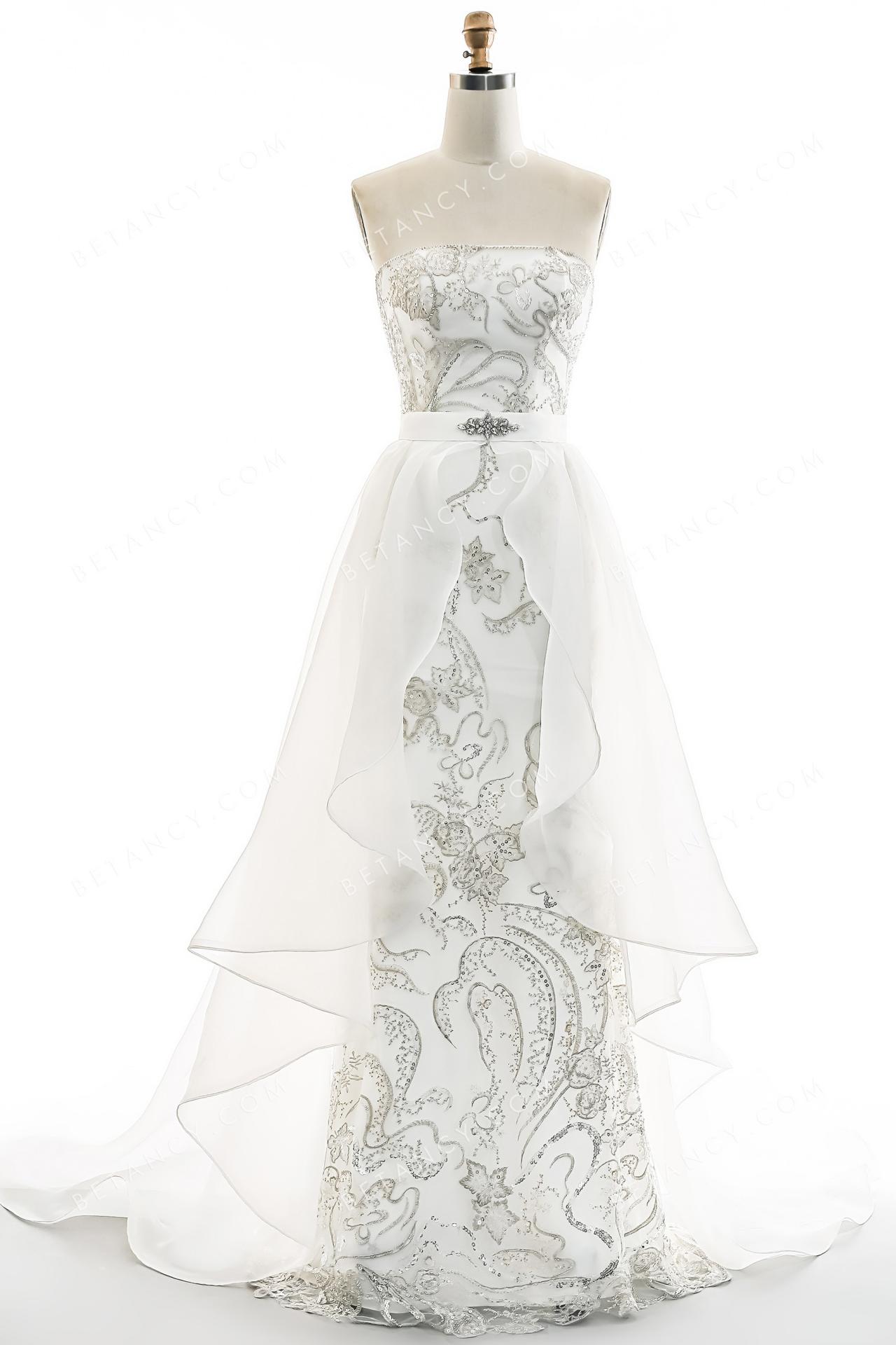 Intricate champagne beadwork with organza skirt bridal gown 6
