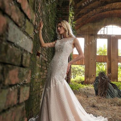 Lace appliqued square pattern sequin nude bridal gown 1