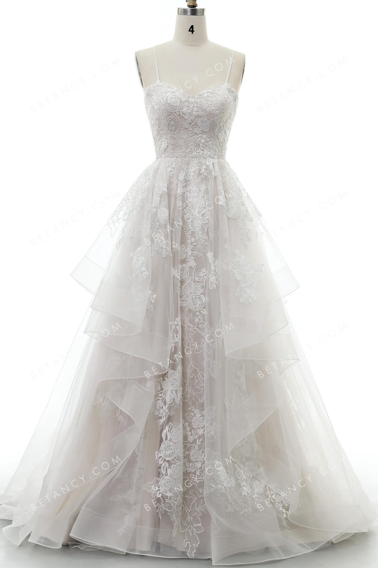 Lovely spaghetti strap wedding gown accented in embroidered appliques 7