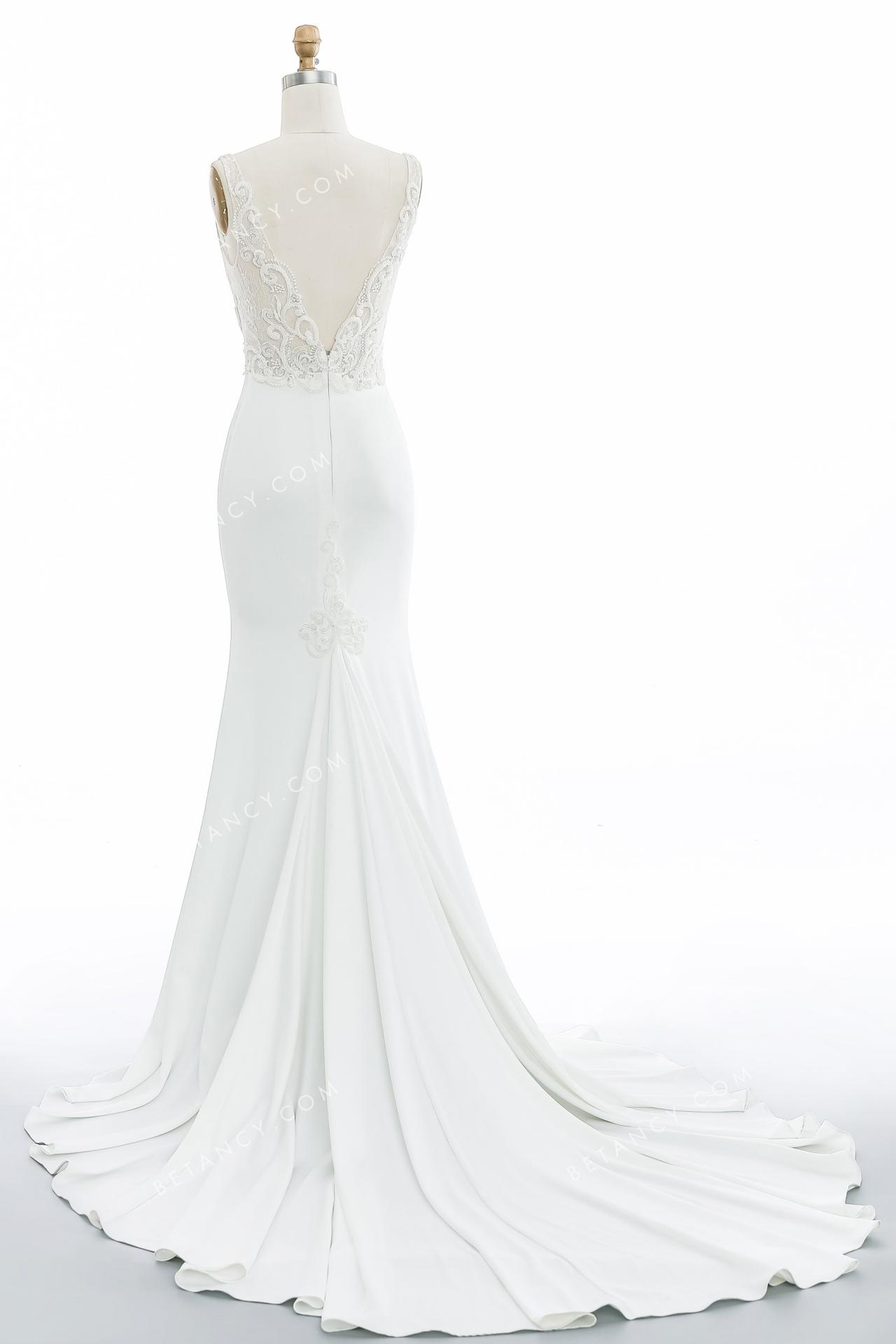 Low v back fit and flare soft satin wedding dress 6