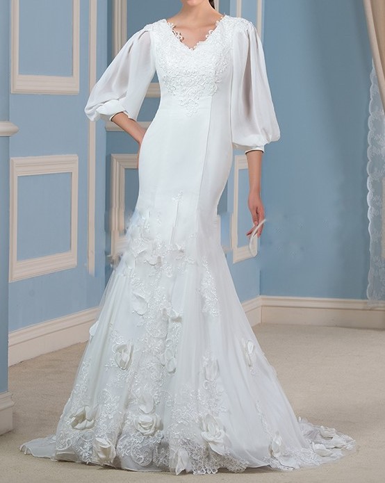 Magnifique dentelle applique sirene robes de mariee 2016 v cou 3 4 lanterne manches plus la