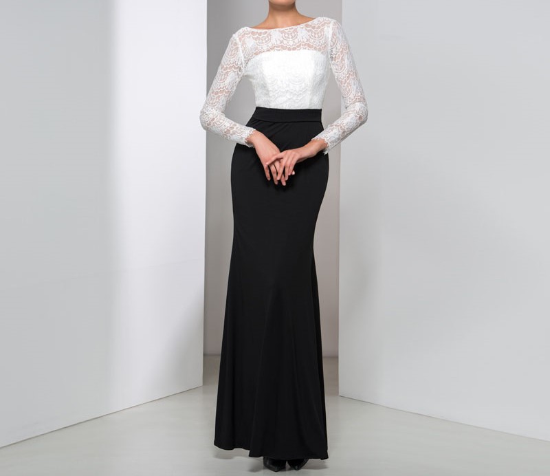 Magnifique noir et blanc manches longues robes de soiree 2016 sexy dentelle dos ouvert a encolure