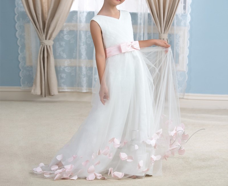 Mignon parole longueur fleur fille robes blanc tulle avec sash rose v neck glitz pageant robe 1