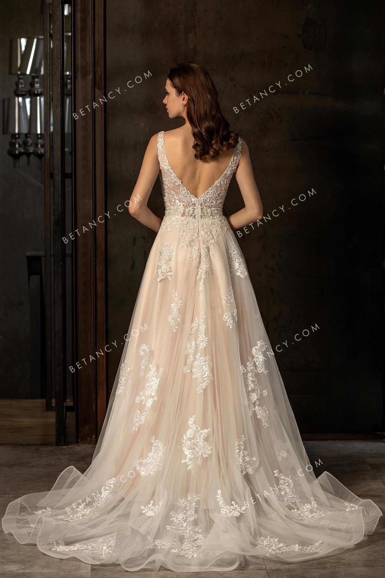 Modern illusion sheer v back wedding gown 3
