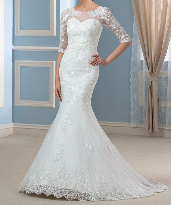 New style manches demi dentelle robes de mariee sexy perles perles sheer cour cou train sirene