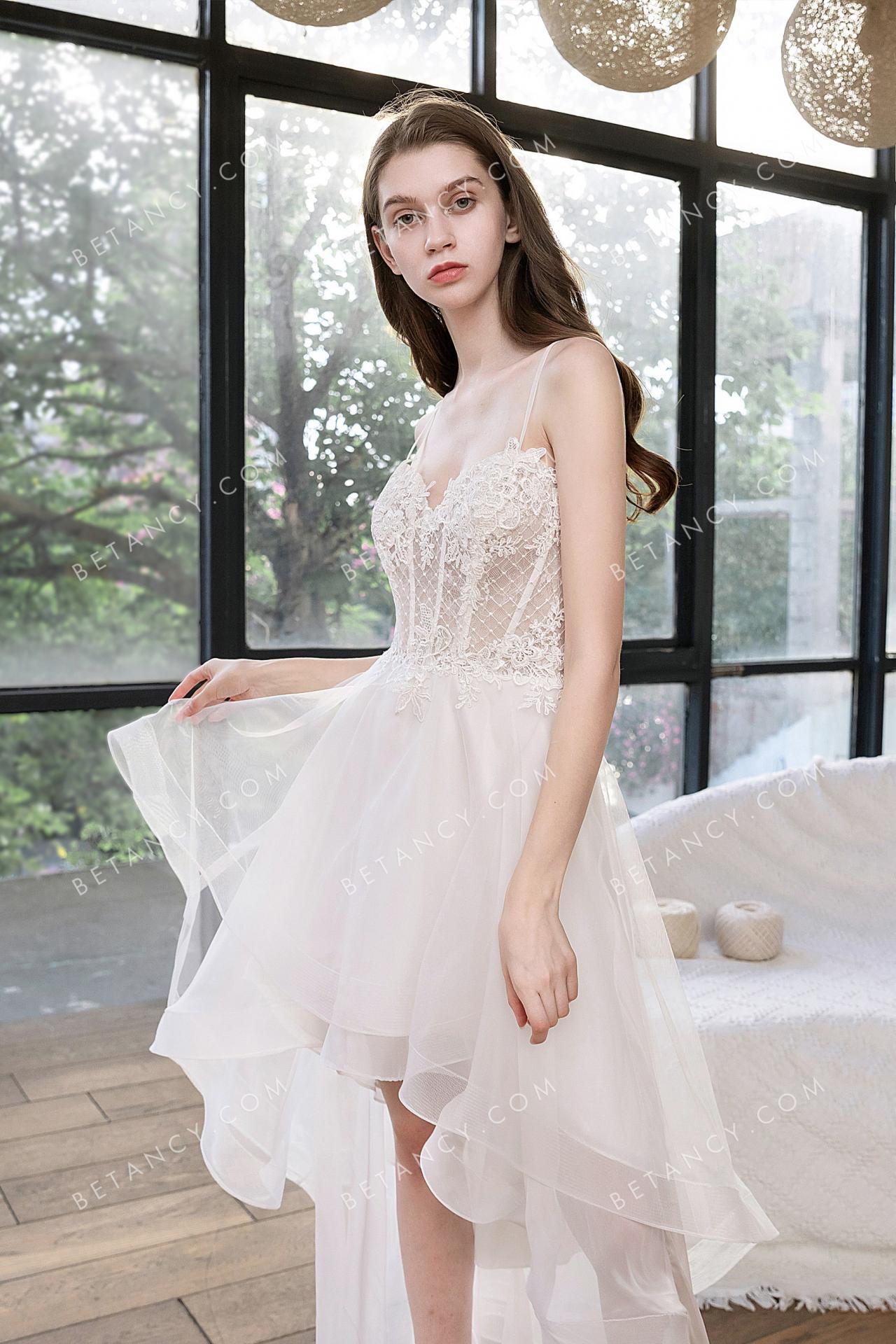 Nifty illusion lace and tulle high low wedding dress 1