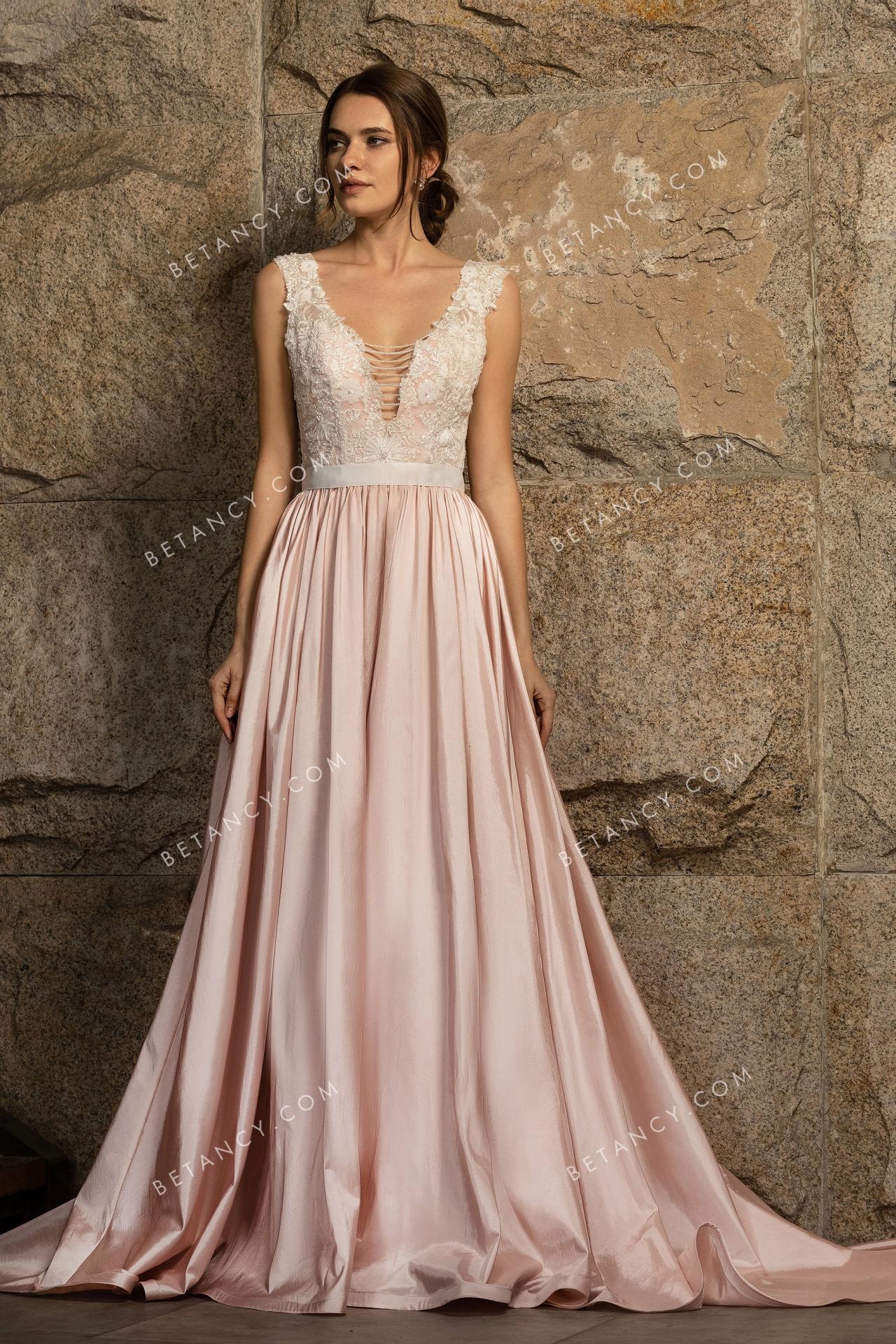 Nude pink taffeta with sequinned lace wedding dress 1