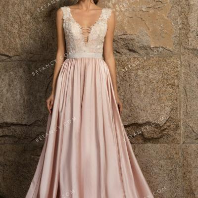 Nude pink taffeta with sequinned lace wedding dress 1