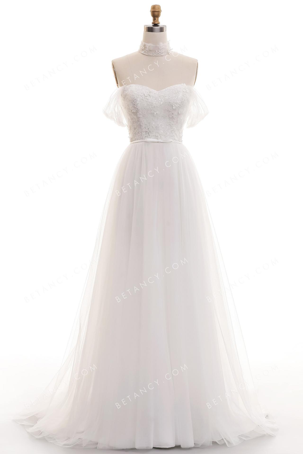 Off the shoulder with choker lace and tulle bridal gown 4