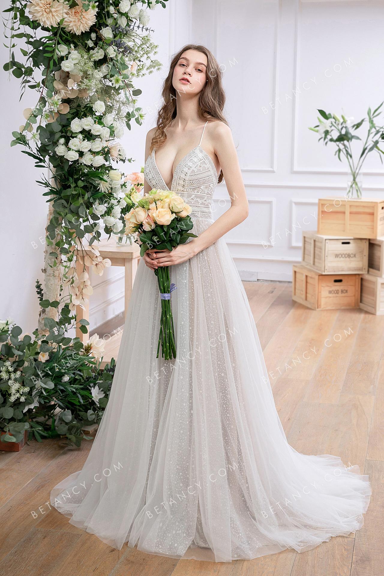 Oyster lace and star like tulle sexy boho wedding dress 1