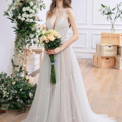 Oyster lace and star like tulle sexy boho wedding dress 1