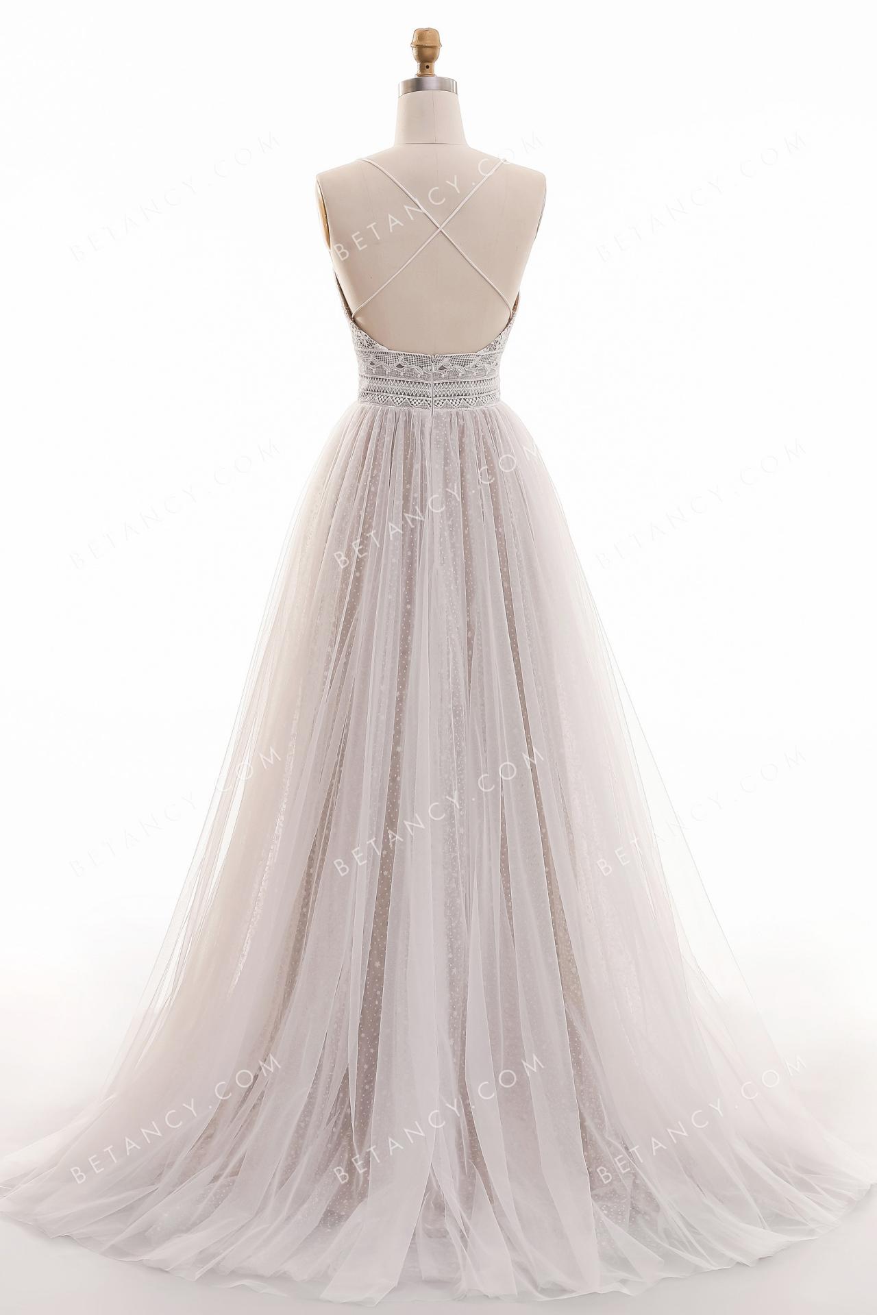 Oyster lace and tulle low back with spaghetti straps boho wedding dress 5