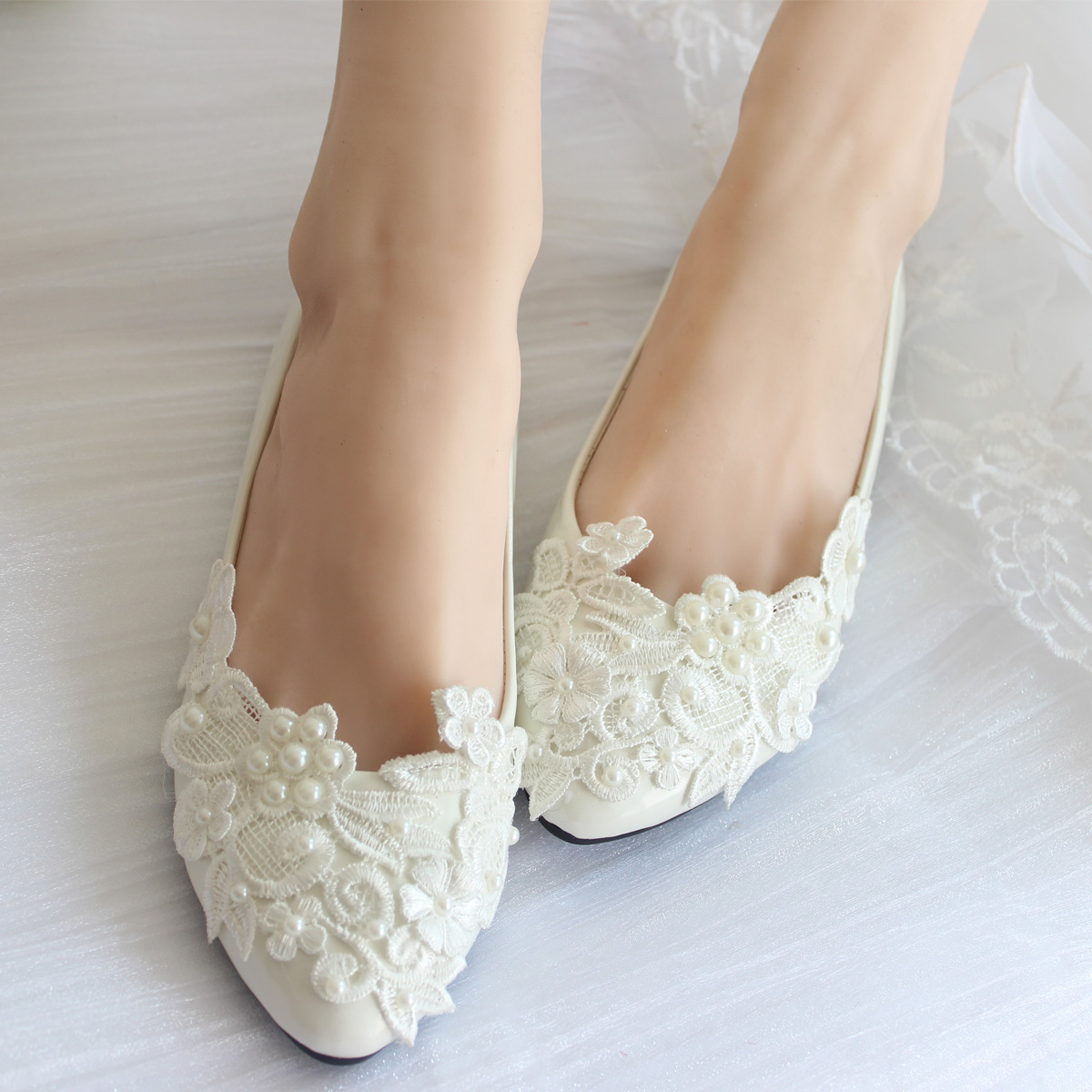 Pearl lace wedding shoes white handmade bridal bridesmaid shoes flats heel low single shoes ladies shoes 1 1