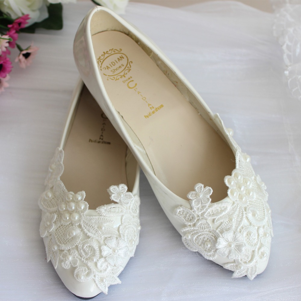 Pearl lace wedding shoes white handmade bridal bridesmaid shoes flats heel low single shoes ladies shoes