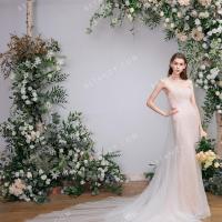 Pearl pink lace wedding dress with detachable soft tulle overskirt 2