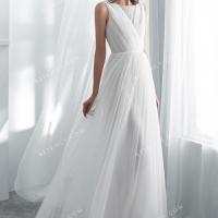 Pleated tulle with beaded lace a line wedding dress 1