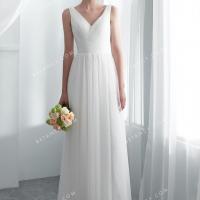 Pleated v neck soft ivory tulle a line wedding gown 1