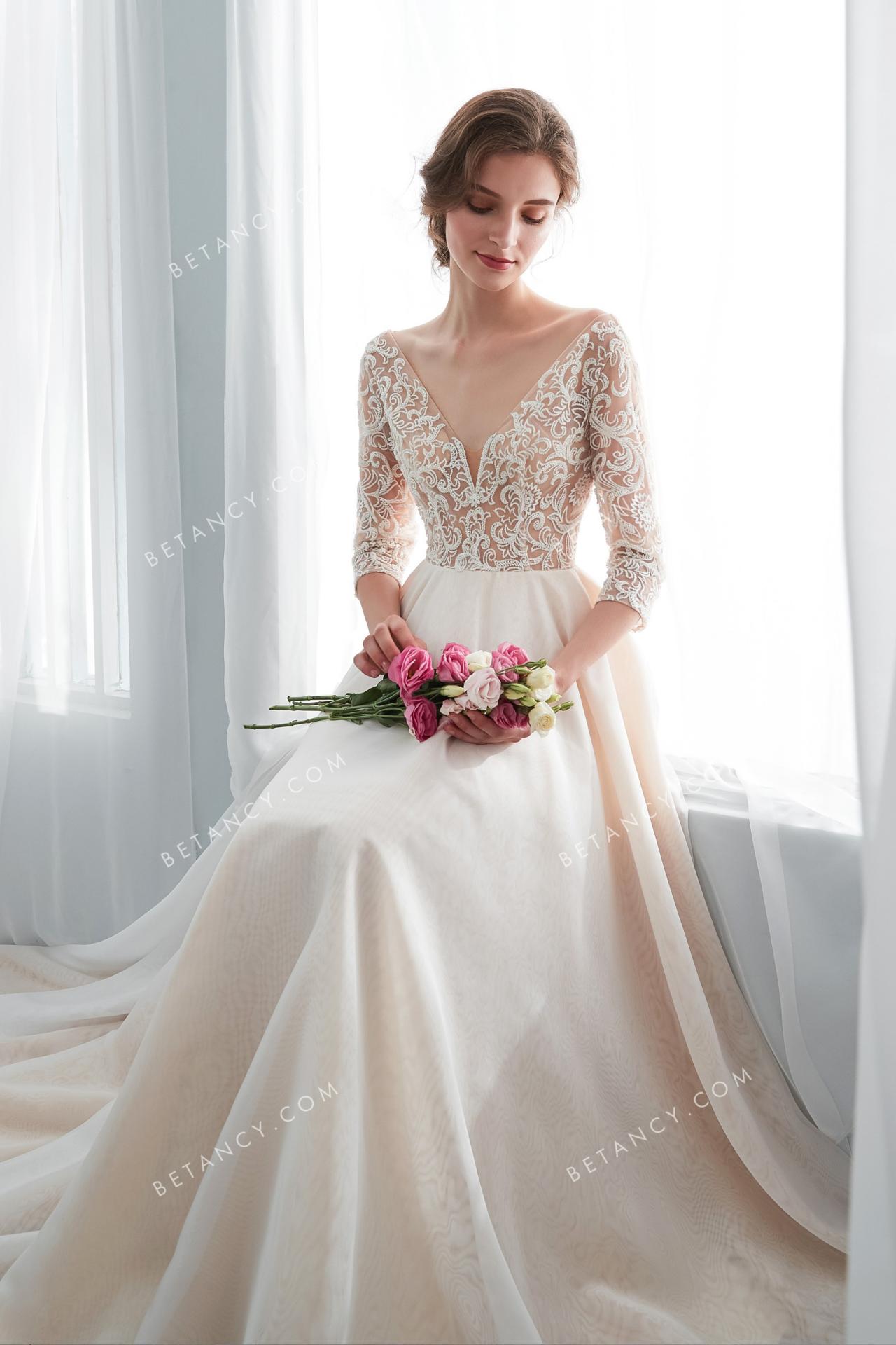 Plunging v neckline 3 4 length sleeve champagne wedding dress 4