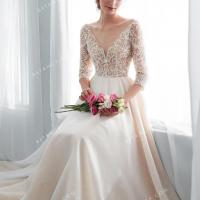 Plunging v neckline 3 4 length sleeve champagne wedding dress 4