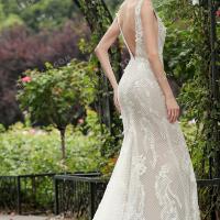 Rhombus lace all over beige mermaid wedding gown 4