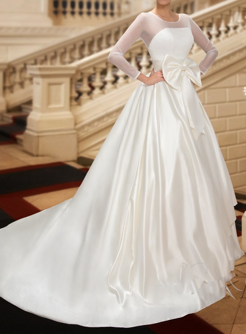 Robes de mariee modestes avec poche 2015 scoop cou bowknot sheer manches longues chapelle train robes