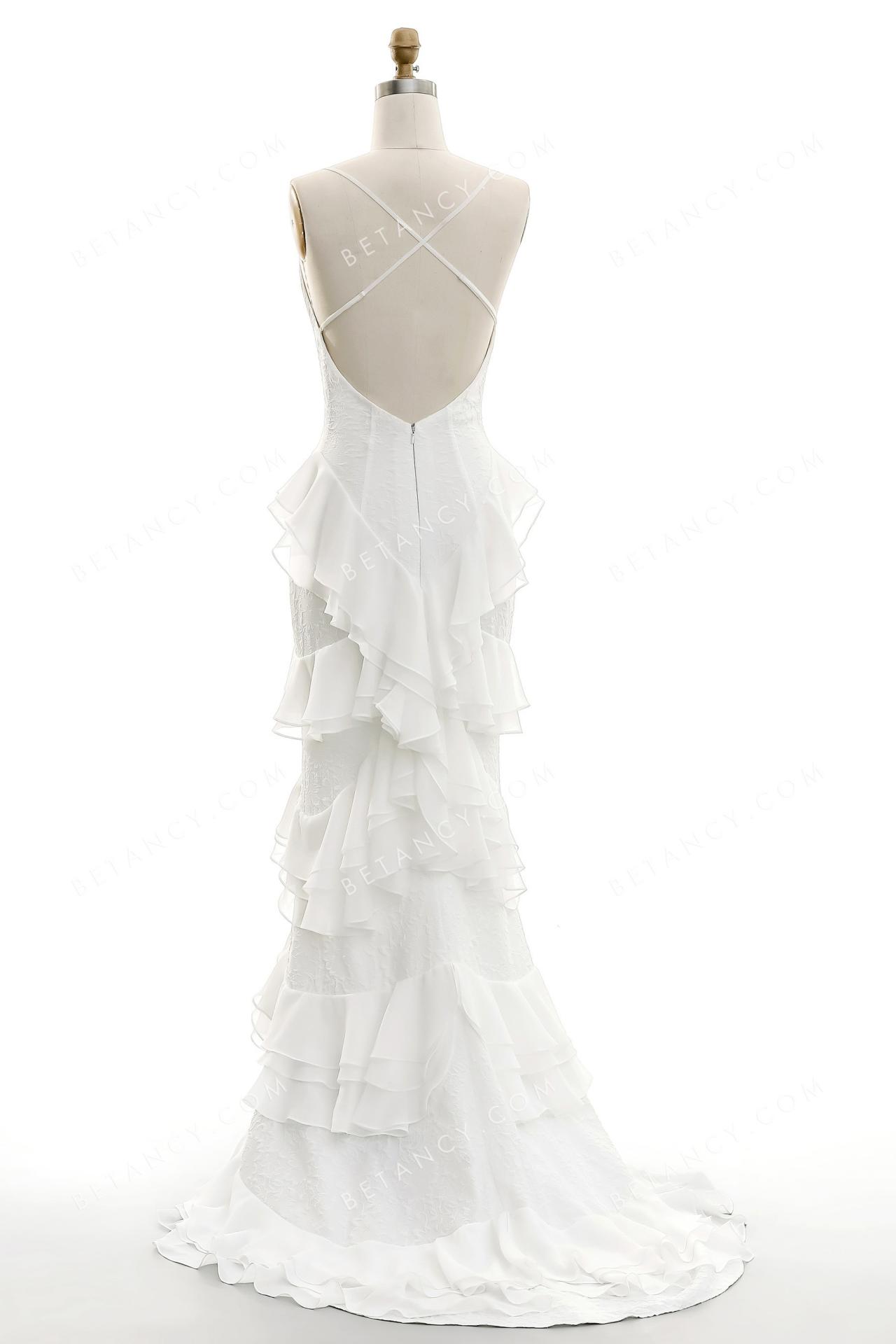 Romantic bridal gown with spaghetti straps low back and ruffled chiffon skirt 5