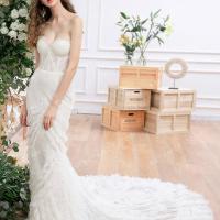 Romantic lace and ruffled tulle long train bridal dress 1