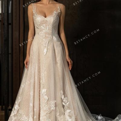 Romantic sequin lace pink nude wholesale wedding dress 1